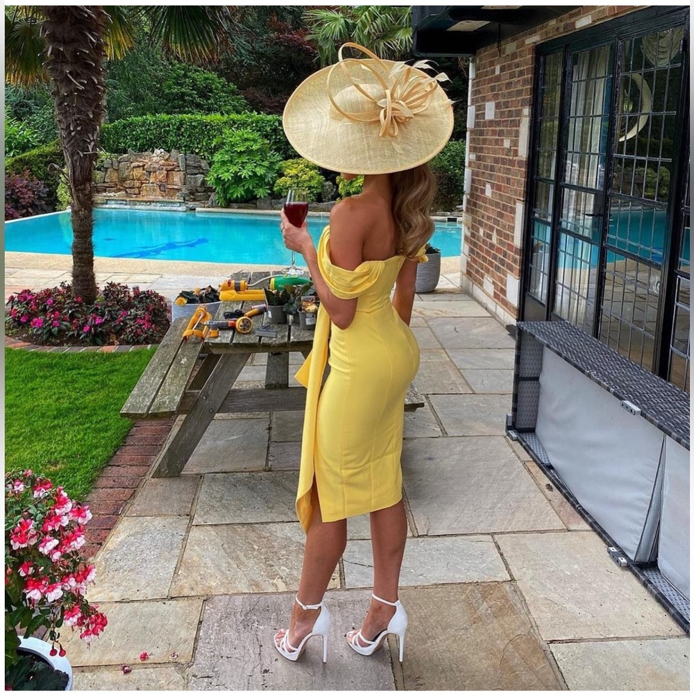 Stunning NEW SEASON Lavish Alice pleated off shoulder midi dress in yellow